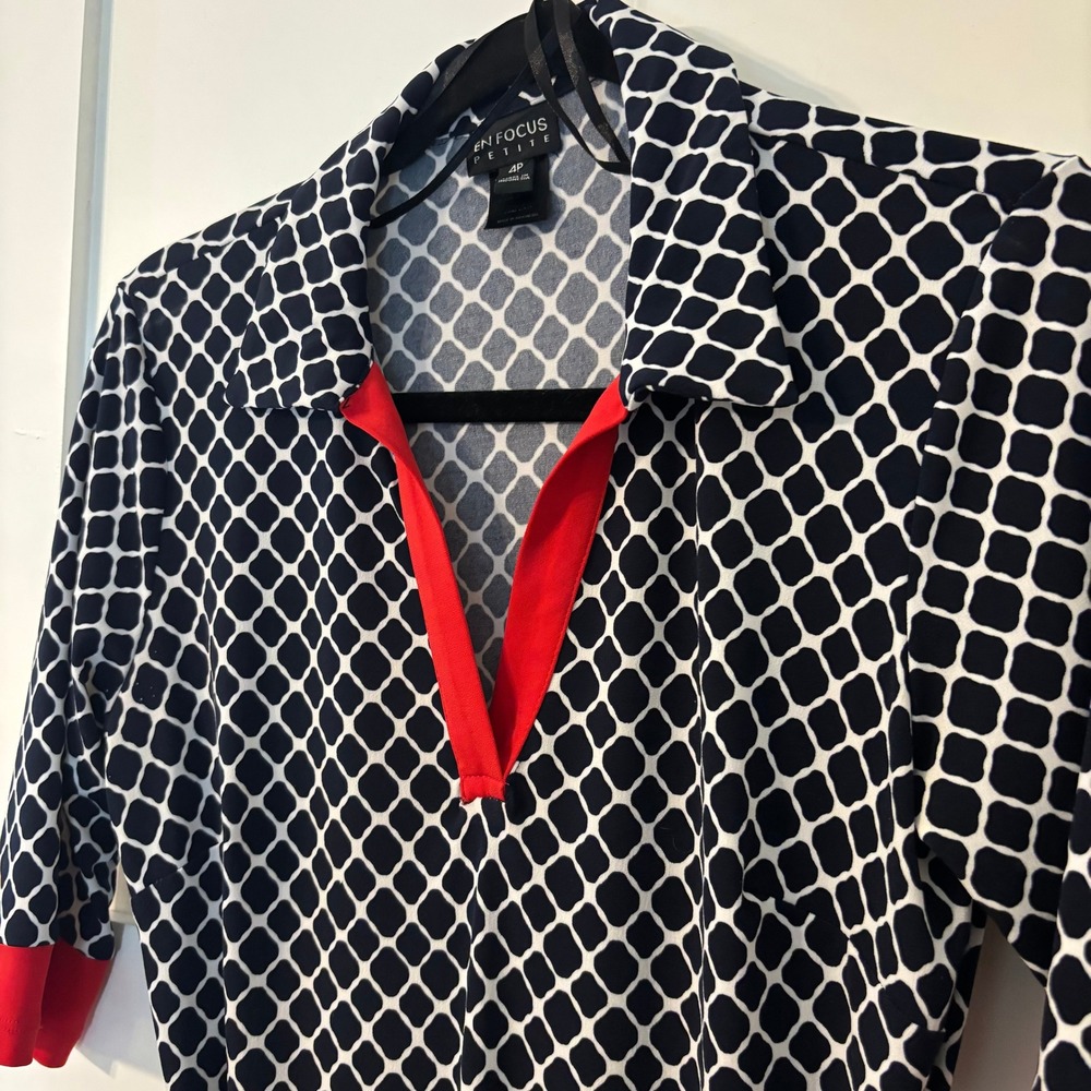 Navy White Geometric Print Sheath Dress Red Trim 4P Feminine Parisian Chic Retro - Picture 3 of 12
